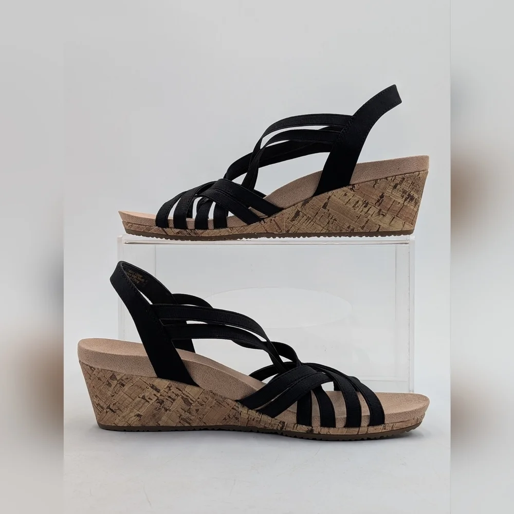 Life Stride Mallory Sz 9M Women's Black Elastic Straps Cork Texture Wedge Sandal